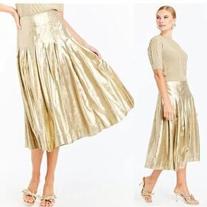 NEW Mestiza New York Seville Metallic Box Pleat Lined Midi Skirt Gold Size: 0